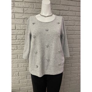 Suzy Shier Women Gray Embellished 3/4 Sleeve Sweater Size SP